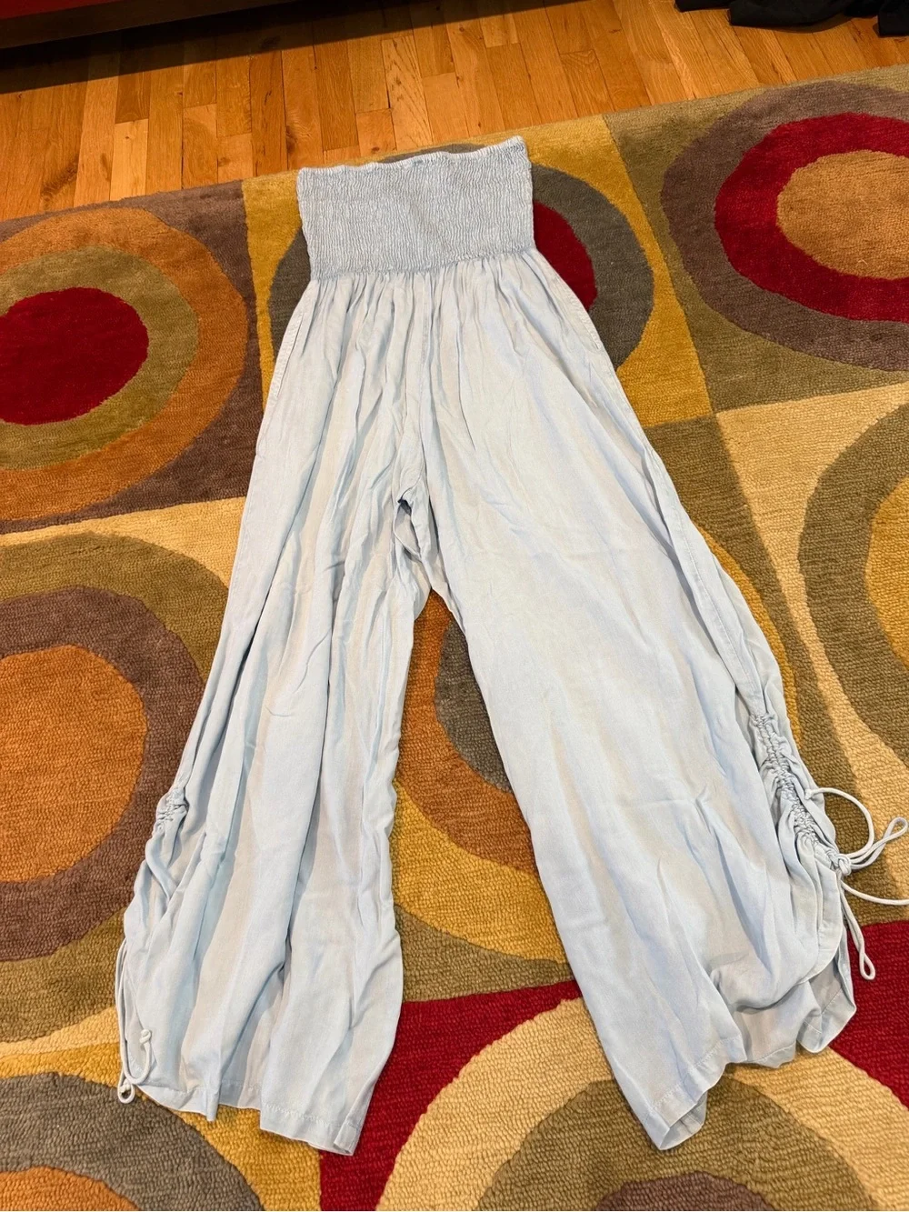 Sim & Sam Light Blue Strapless Smocked Jumpsuit Ruched Tie Pants Size Medium
